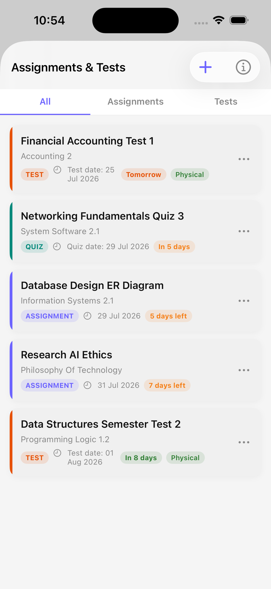 Assignments & Tests — Student Core screenshot